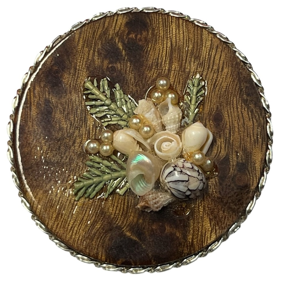 Vintage Floral Brooch On Wood with Shells and Faux Pearls 2"